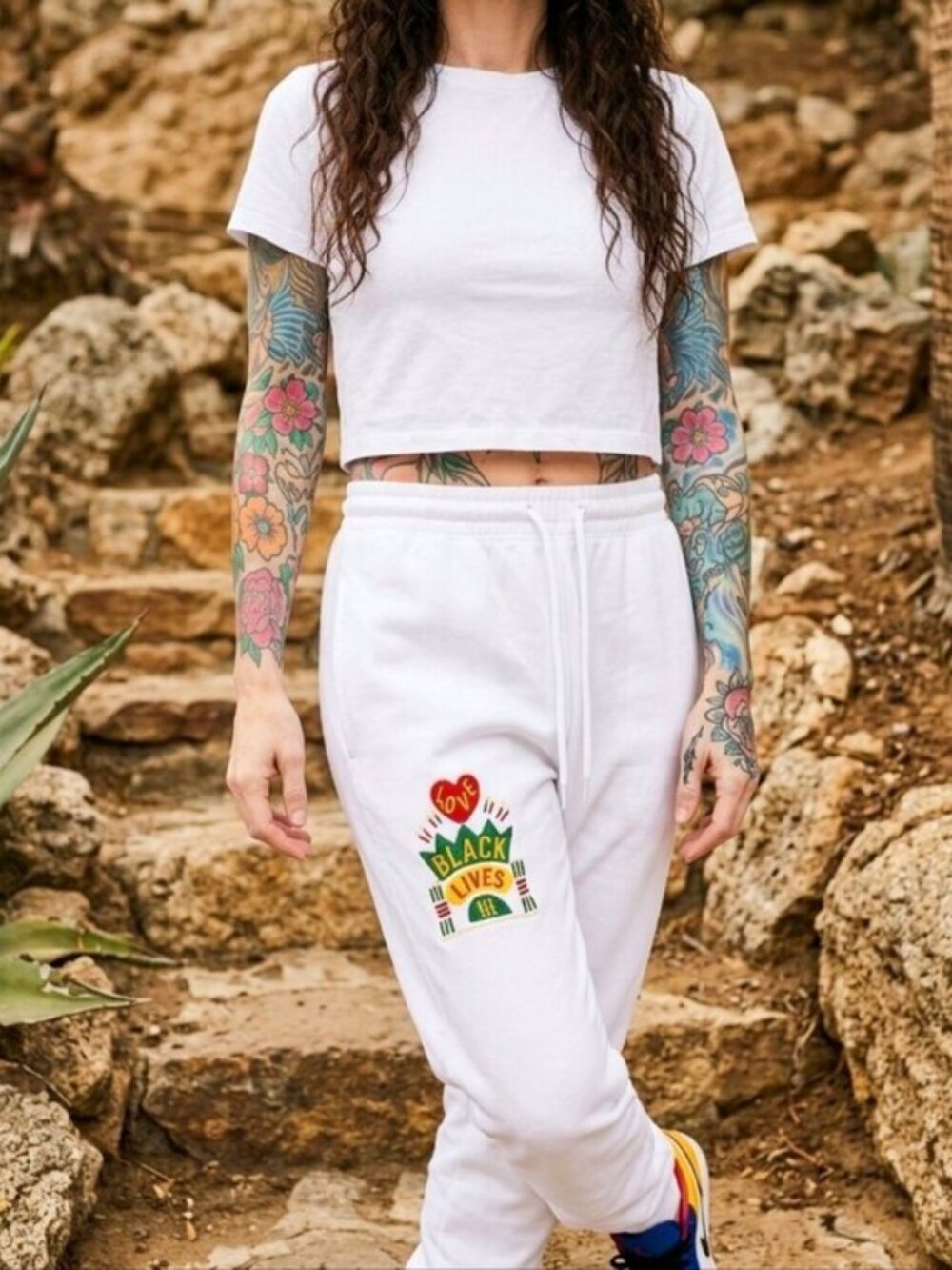 Cross Colours White Graphic Joggers Black Lives Are Loved Drawstring Pants Sz S